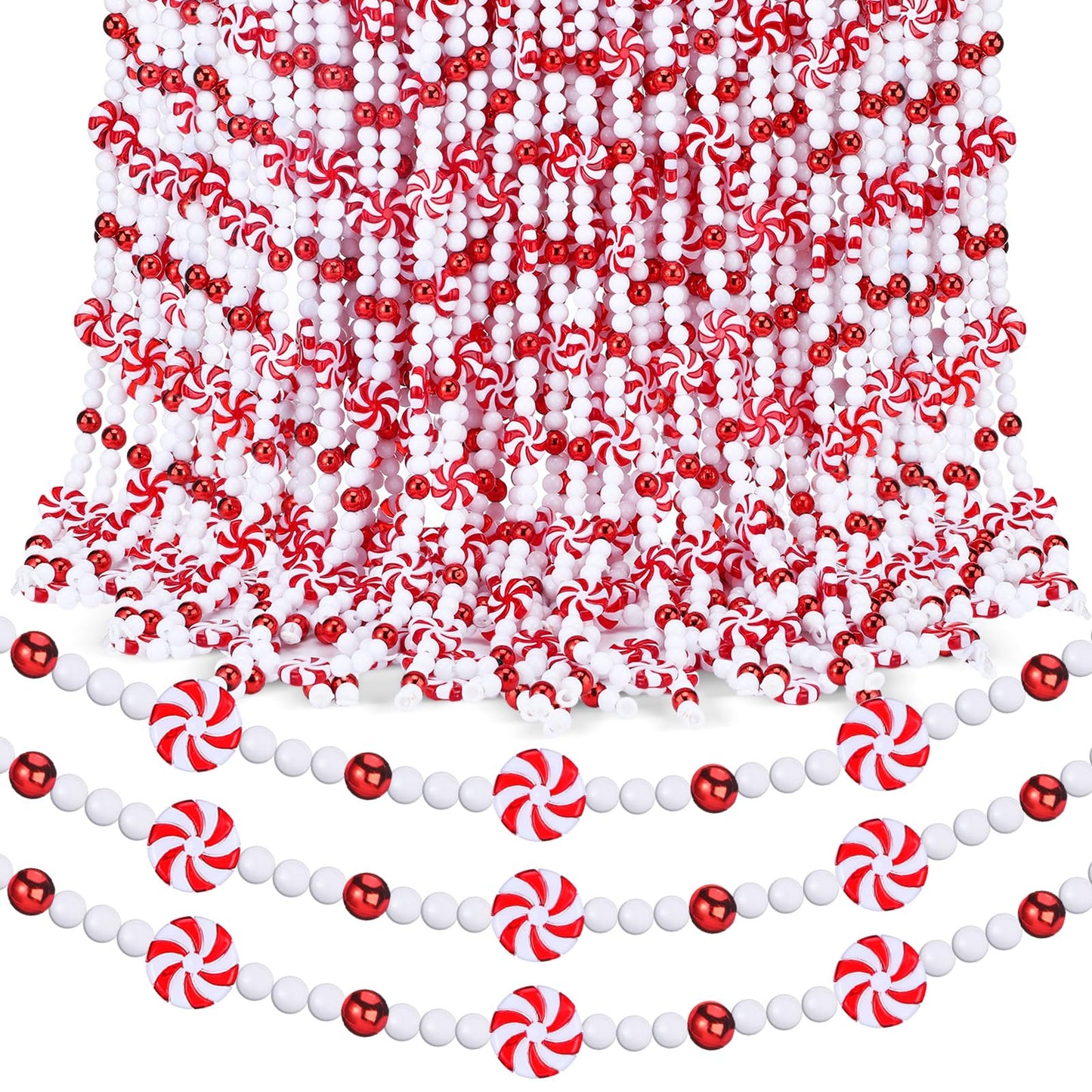 Gerrii 108 ft Christmas Candy Garland Christmas Tree Candy Bead Garland Holiday Plastic Cane Peppermint Red and White Decorations Xmas Hanging Garlands for Xmas Party Fireplace Home Decor