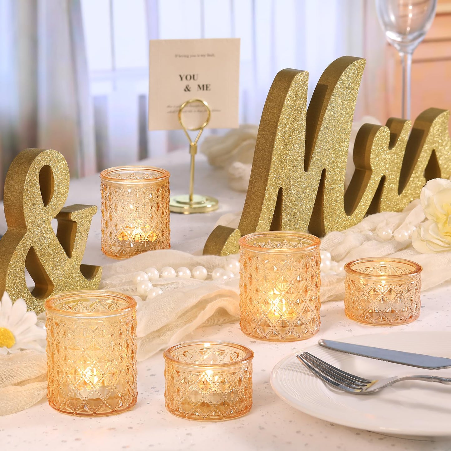 MATAHUM 20 Pcs Gold Glitter Diamond Tealight Candle Holders, Luxury Glass Votive Candle Holders Bulk, 2 Sizes for Wedding Centerpieces, Bridal Shower, Birthday, and Anniversary Party Decor