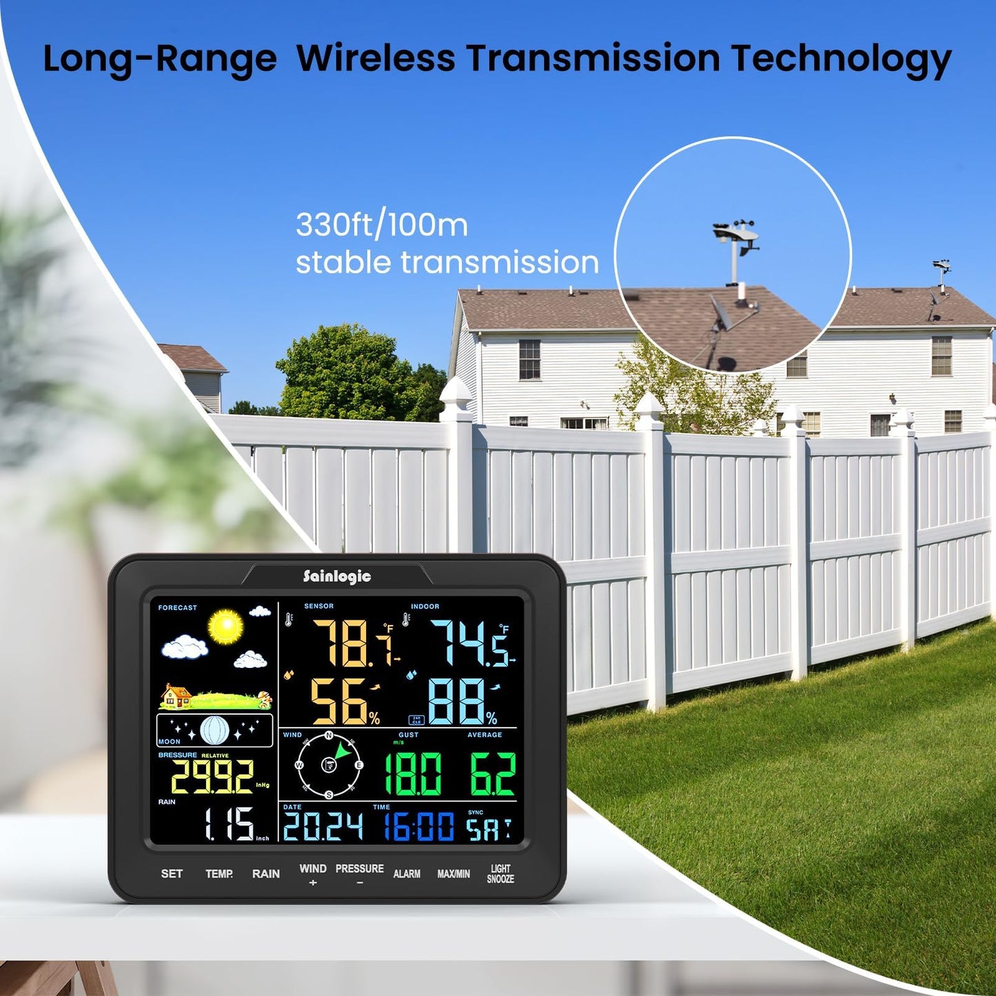 Sainlogic 12-in-1 Weather Stations Wireless Indoor Outdoor, Weather Station with Rain Gauge, Wind Speed/Direction, Outdoor Dew Point, Air Pressure, Barometer,Temperature/Humidity (No WiFi)