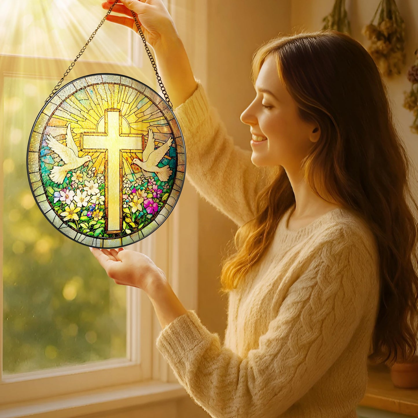 Cross and Wildflowers Stained Glass Suncatcher, 8 Inch Christian Stained Glass Windows Hanging, Flower Cross Gift for Religious, Christian Gifts, Easter Faith Home Decor