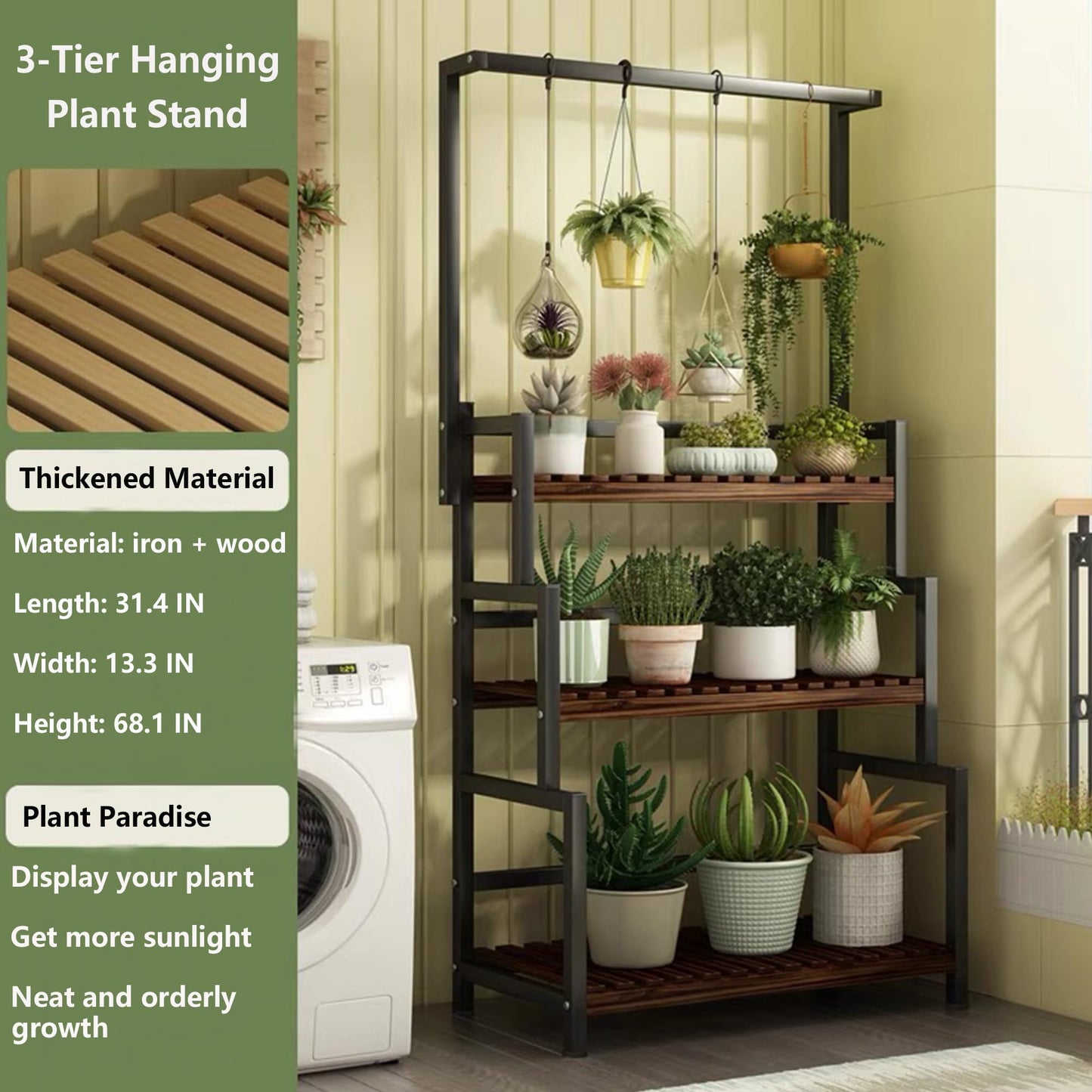 yeshine 3-Tier Hanging Plant Stand Indoor, 68 Inch Tall Metal Plant Shelf for Indoor Multiple Plants, Large Plant Pot Stand Holder, Heavy Duty Ladder Shape Plant Rack for Living Room, Patio, Balcony