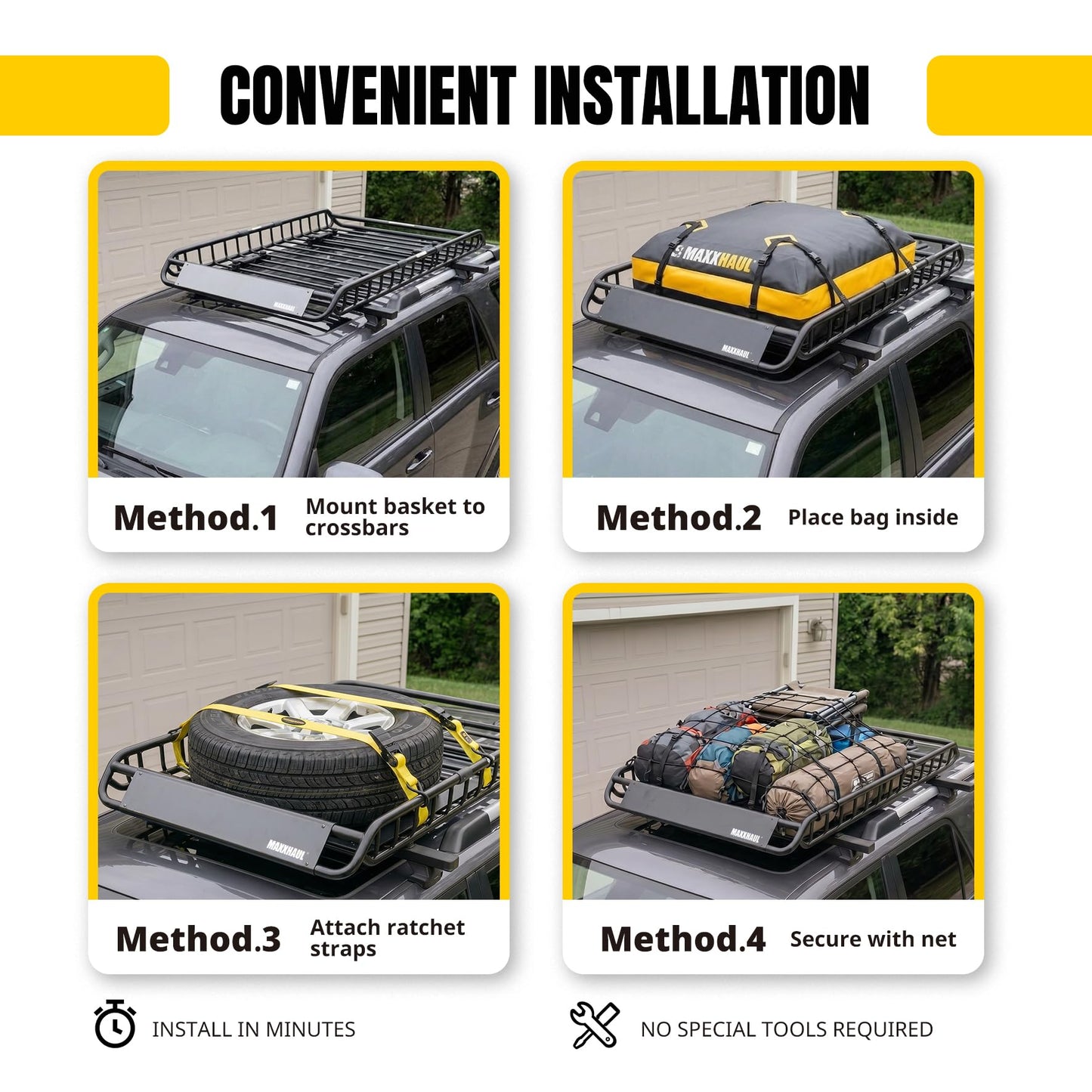 MaxxHaul 51210 Roof Rack Cargo Carrier Set Steel 46" x 36" Basket with 44" x 34" x 17" Roof Bag, 36" x 60" Cargo Net, and Two 1" x 15 ft Ratchet Straps 150 lb Capacity