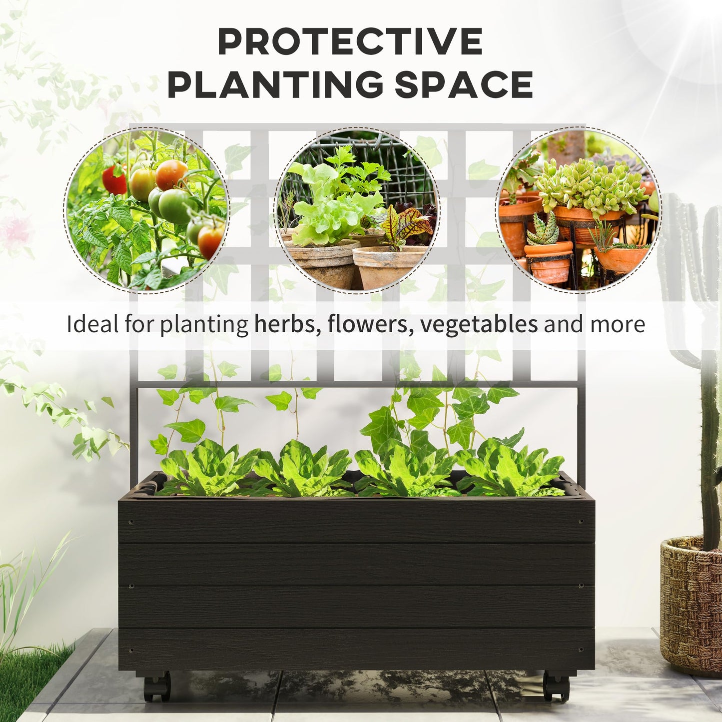 Outsunny Raised Garden Bed with Trellis and Wheels, Outdoor Wooden Elevated Planter Box, Freestanding Raised Flower Bed for Climbing Plants, Flowers, Herbs and Vegetables