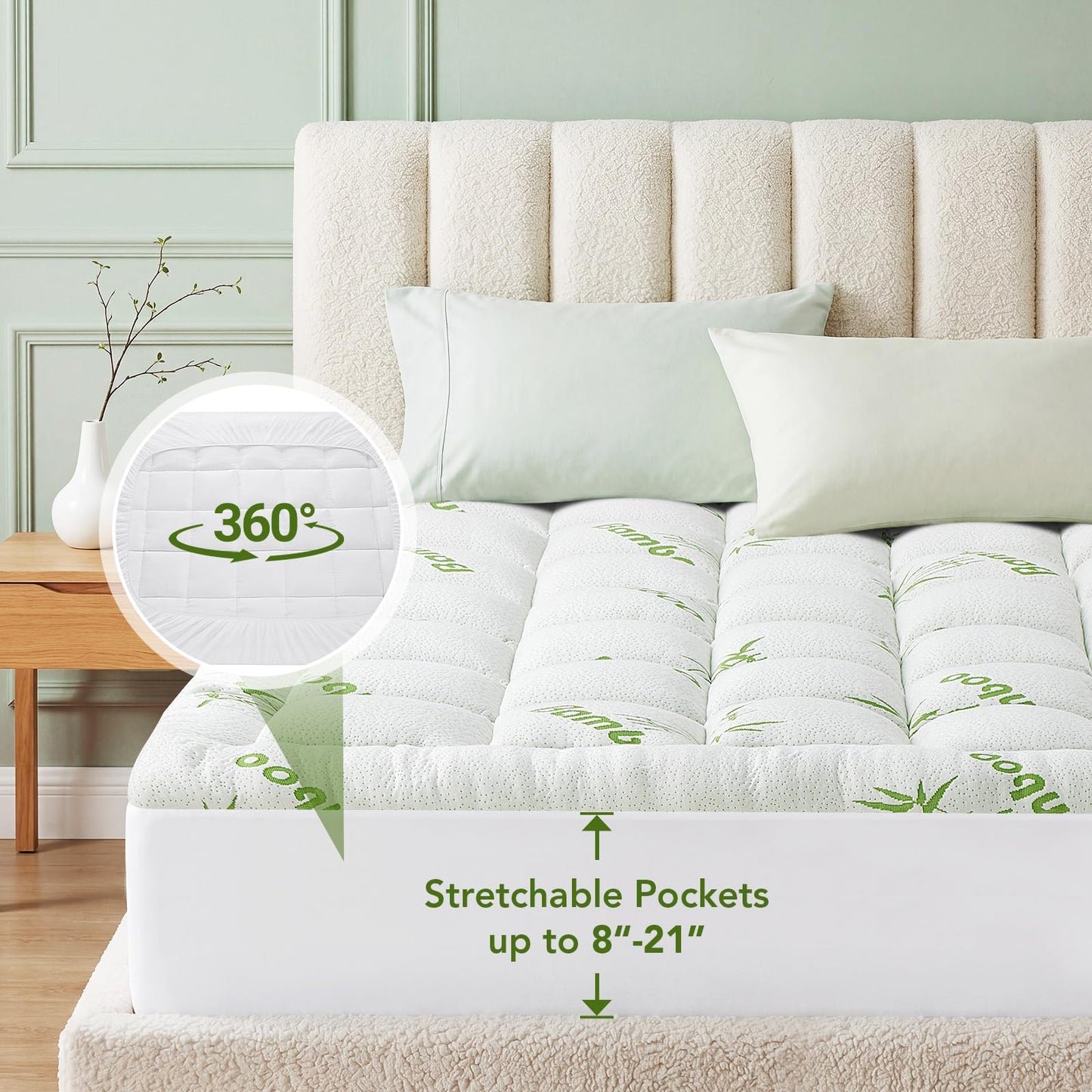 California King Size Mattress Topper Viscose Made from Bamboo, Extra Thick Quilted Pillow Top, Naturally Cooling & Breathable for Hot Sleepers, Back Pain Relief, Deep Pocket Skirt Fits 6-18", Green
