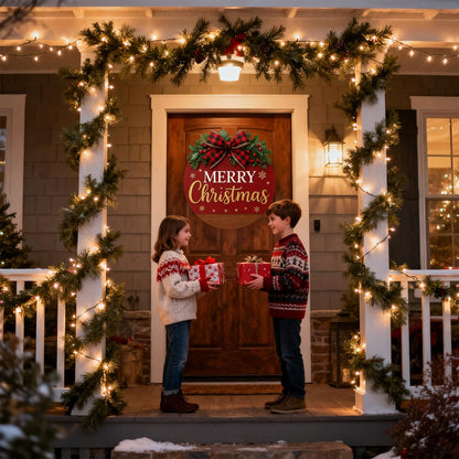 Merry Christmas Wreaths for Front Door - Welcome Door Hanger Sign with Bow, Greenery & Red Berries, for Holiday Rustic Farmhouse Outdoor Wall Windows Decor (Merry Christmas Wreaths)