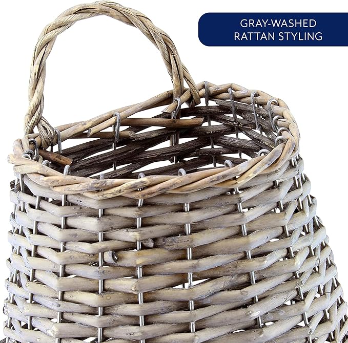 AuldHome Design Wall Hanging Pocket Basket; Woven Wicker Rustic Farmhouse Gray
