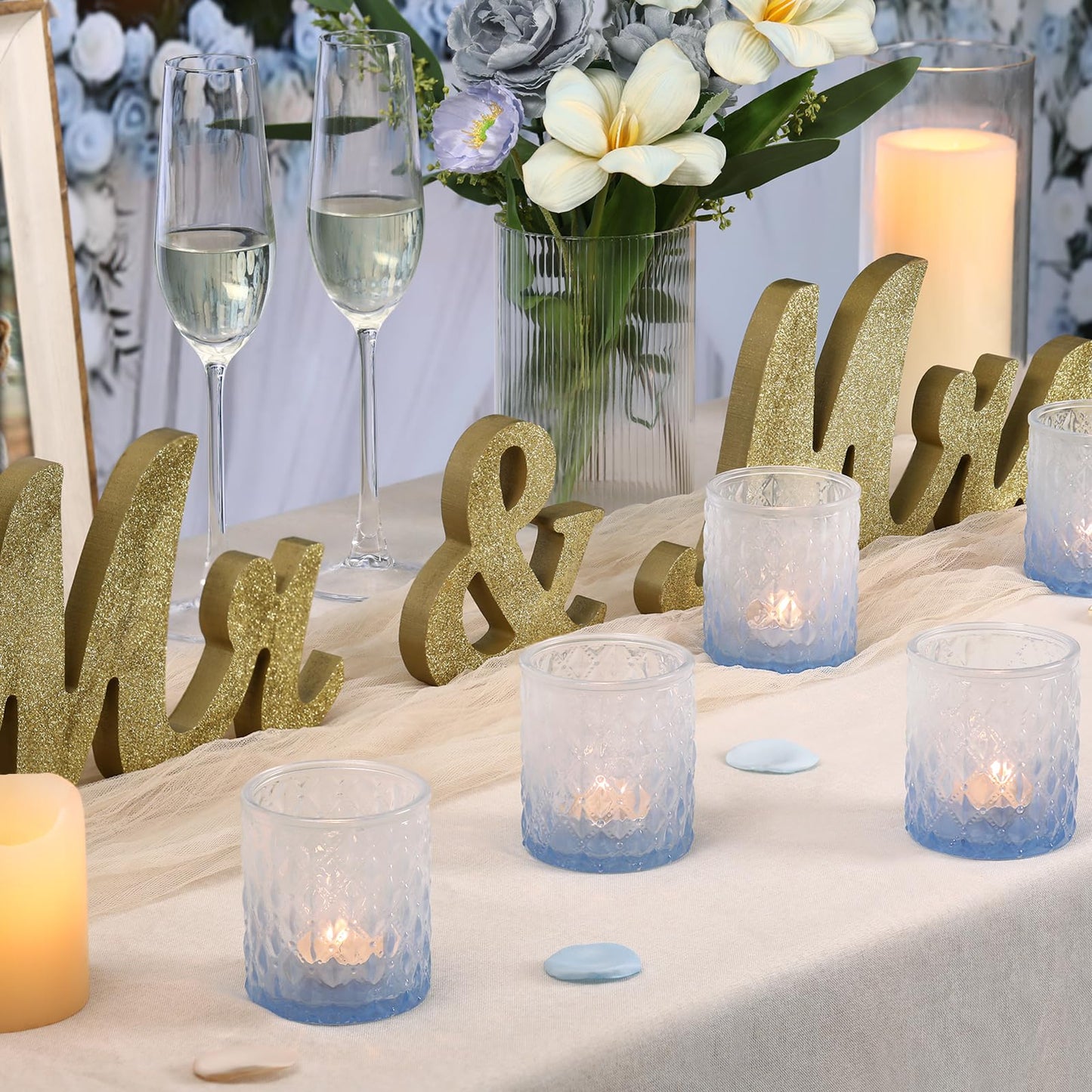 6 Pcs Blue Gradient Votive Candle Holders Glass Tea Light Candles Holder Light Blue Ombre Large Candle Holders for Bridal Shower, Wedding Table Centerpiece, Birthday Party Home Decor