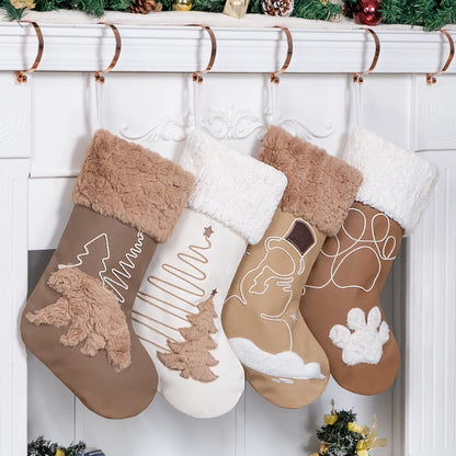 GEX Christmas Stockings 4 Pack for Family Soft Pleather with Rope Stitch Embroidery Large 20" Faux Fur Boho Rustic Farmhouse Country Stockings for Xmas Fireplace Decoration (Set of 4)