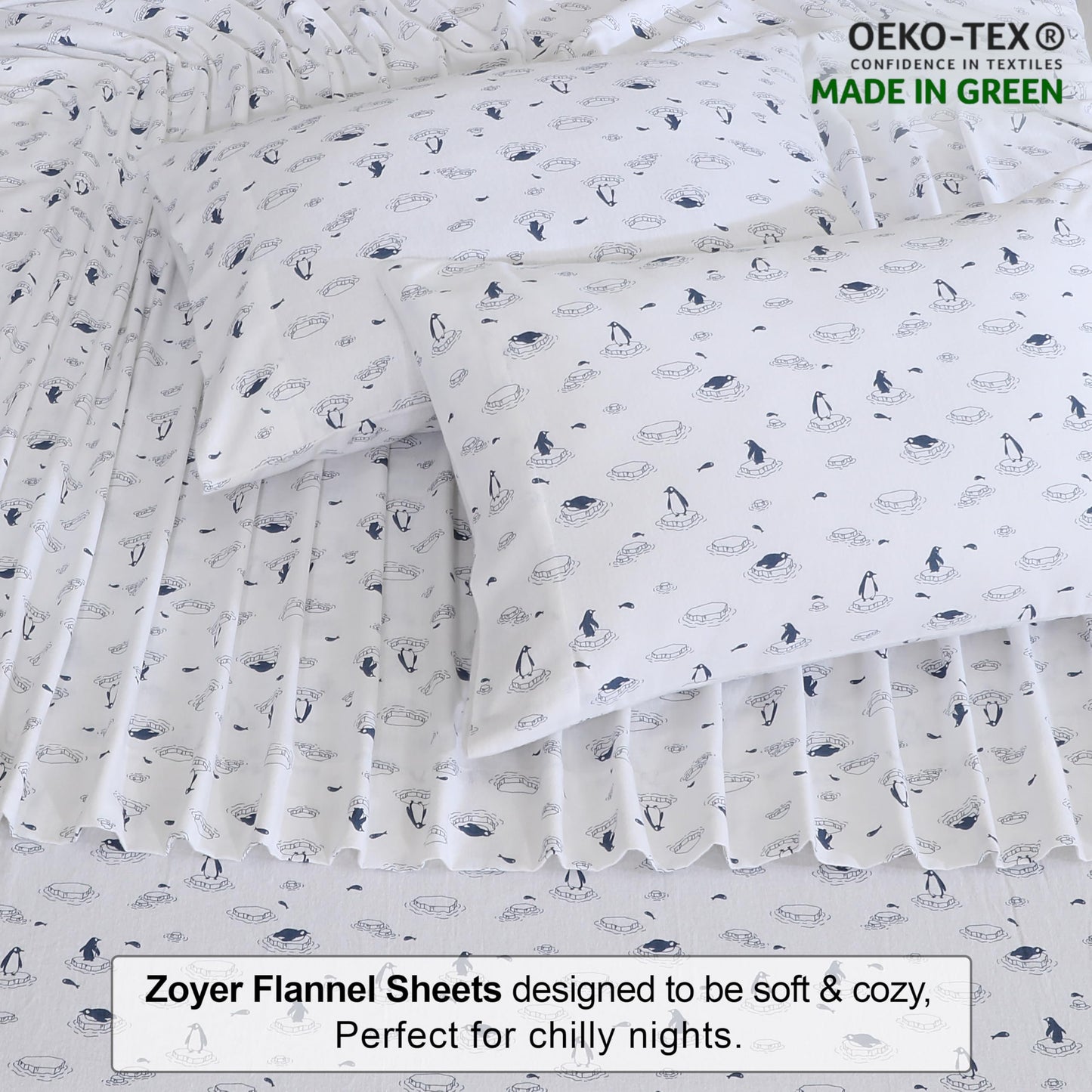 ZOYER Flannel Sheets Twin XL Size - 100% Cotton Double Brushed Twin XL Sheet Sets, Deep Pockets 16 Inches, All Seasons Breathable & Extra Soft Bed Sheets, Warm & Cozy, 3 Piece, Penguin Edge