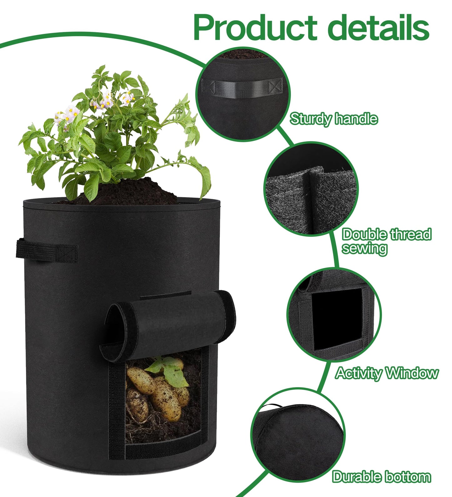 Moyios 6-Pack 15 Gallon Potato Grow Bags – Durable Nonwoven Fabric Planters with Reinforced Handles | Reusable Garden Containers for Potatoes, Vegetables (Black, 15 Gallons/6 Pack)