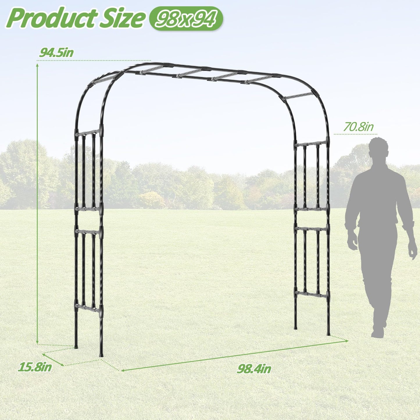 Trellume Thickened Metal Garden Arch-98.4"(L)*94.5"(H),Garden Arch Trellis for Climbing Plants Outdoor, Heavy Duty Rust-Proof Iron Arbor Archway for Backyard, Patio, Lawn and Wedding Decorations