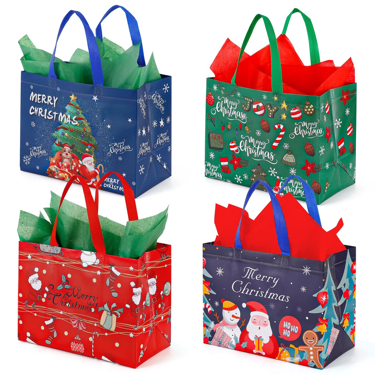 YANGTE 12 Pack 13" Large Christmas Gift Bags with Tissue Paper, Reusable Non-Woven Christmas Bag with Handles for Presents Wrapping, Shopping Xmas Party Supplies