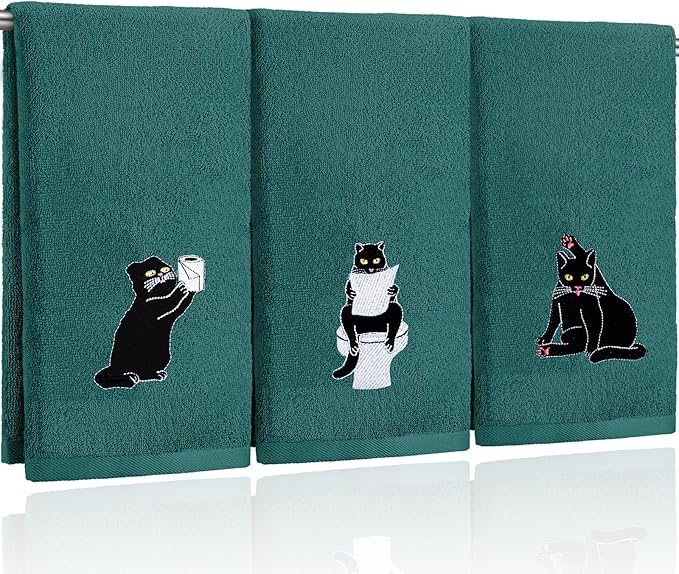 3 Pcs Cat Hand Towels for Bathroom Decor Funny Embroidered Black Cat Halloween