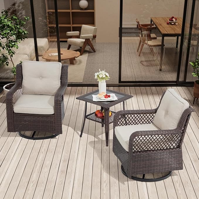 3 Pieces Patio Swivel Chairs, Wicker Patio Conversation Sets