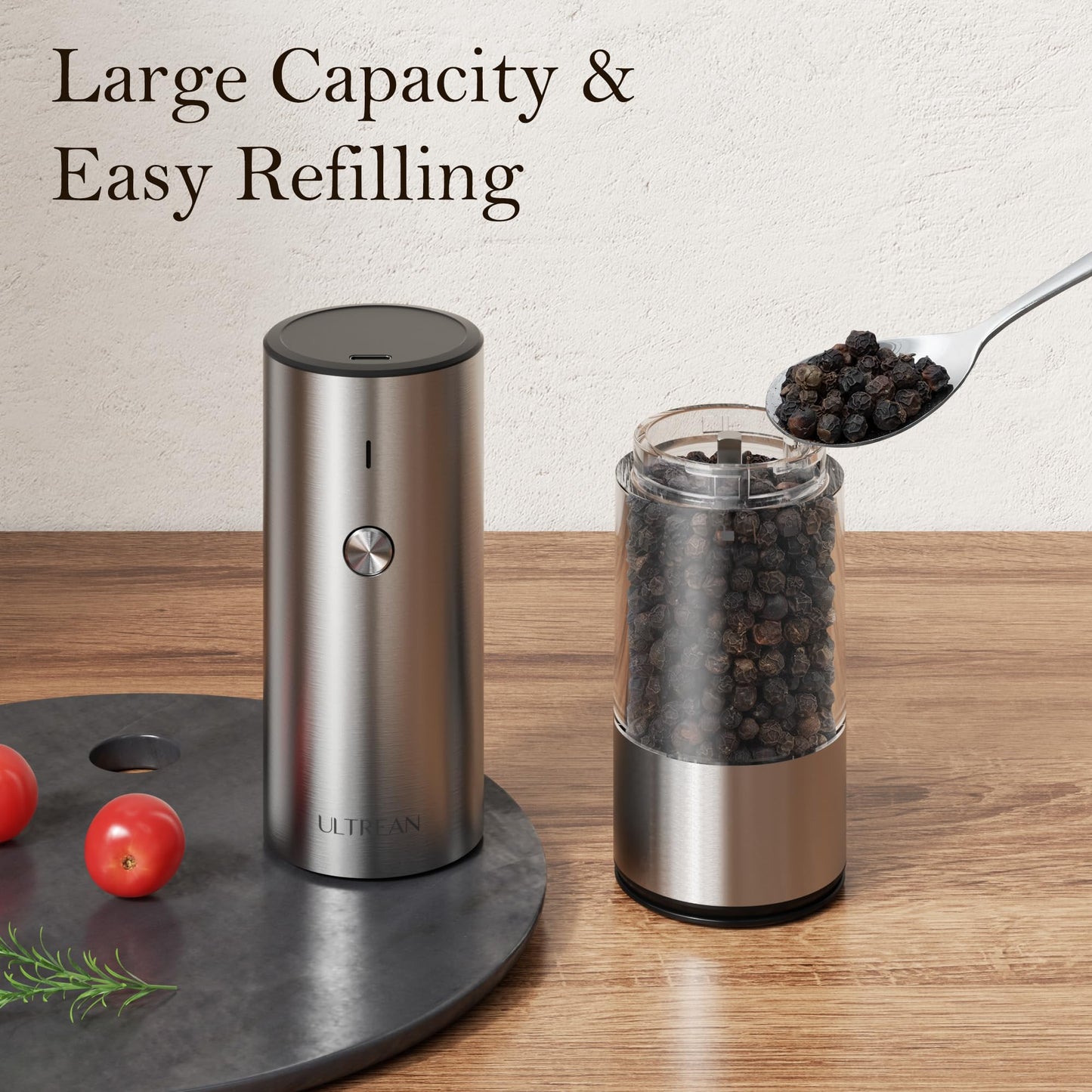 Ultrean Salt and Pepper Grinder Set, Rechargeable Salt and Pepper Shakers, 6 Adjustable Coarseness, LED Light, Kitchen Gadget Cooking Gifts Valentines Day Gifts for Him Her Mom Dad, Stainless Steel