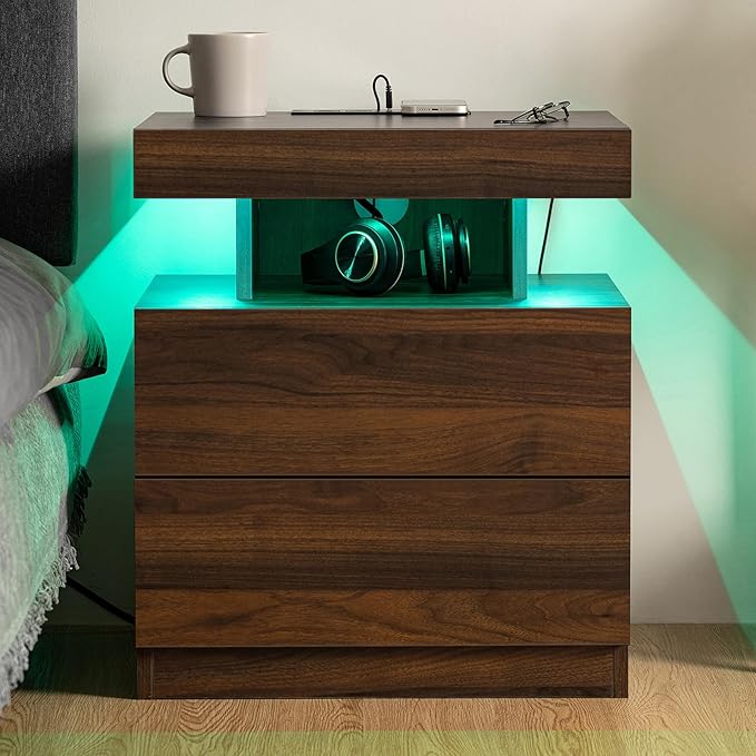 HOMMPA Rustic Nightstand with Wireless Charging Station LED Bedside Table with