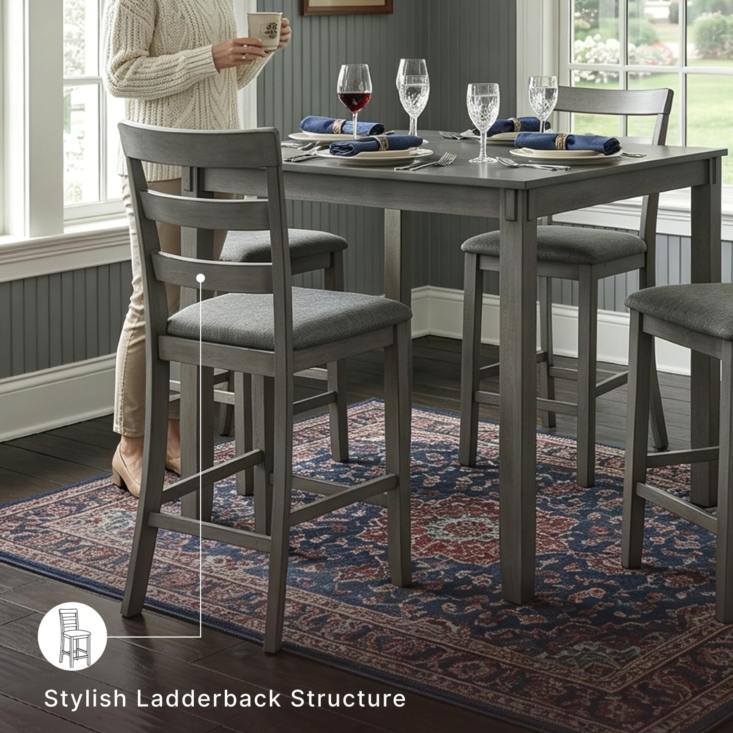 Signature Design by Ashley Bridson 5 Piece Dining Room Set, Includes Table & 4 Ladderback Barstools, Wood, Gray