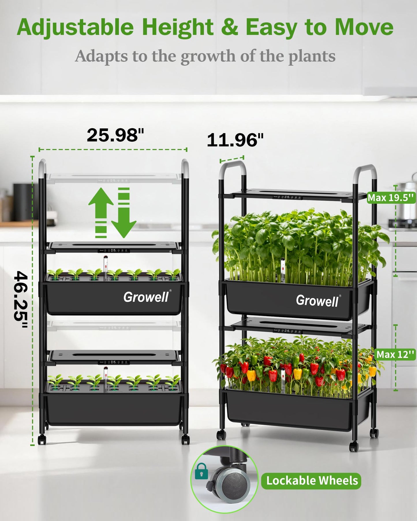 Growell Large Hydroponics Growing System Kit, Vertical Indoor Herb Garden Kit with LED Grow Light & Independent Water Pump, 28L Movable Indoor Planter Perfect Gardening Gifts (2 Tier-54 Pods Black)