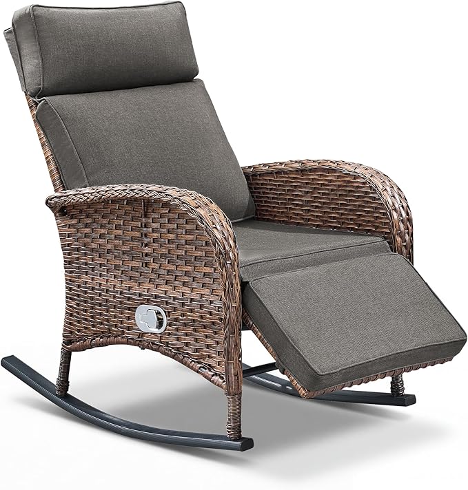 Zero Gravity Patio Rocking Wicker Recliner Chair - Wicker Outdoor Lounge Chair with Adjustable Backrest & Footrest, All Weather Reclining Rocker Chairs with Thick Cushion for Pool Deck Gray