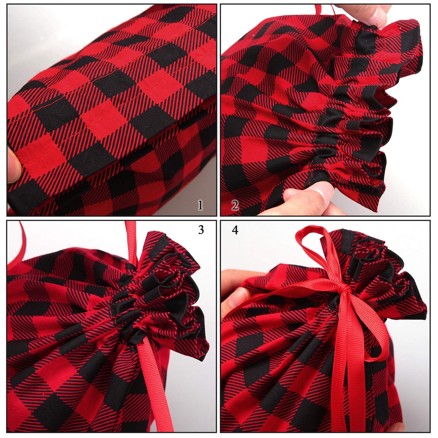Aneco 6 Pack Buffalo Plaid Drawstring Christmas Gift Bags Christmas Sack for Gifts Cotton Cloth Red and Black Plaid Xmas Fabric Bags Assorted Sizes for Party Favor