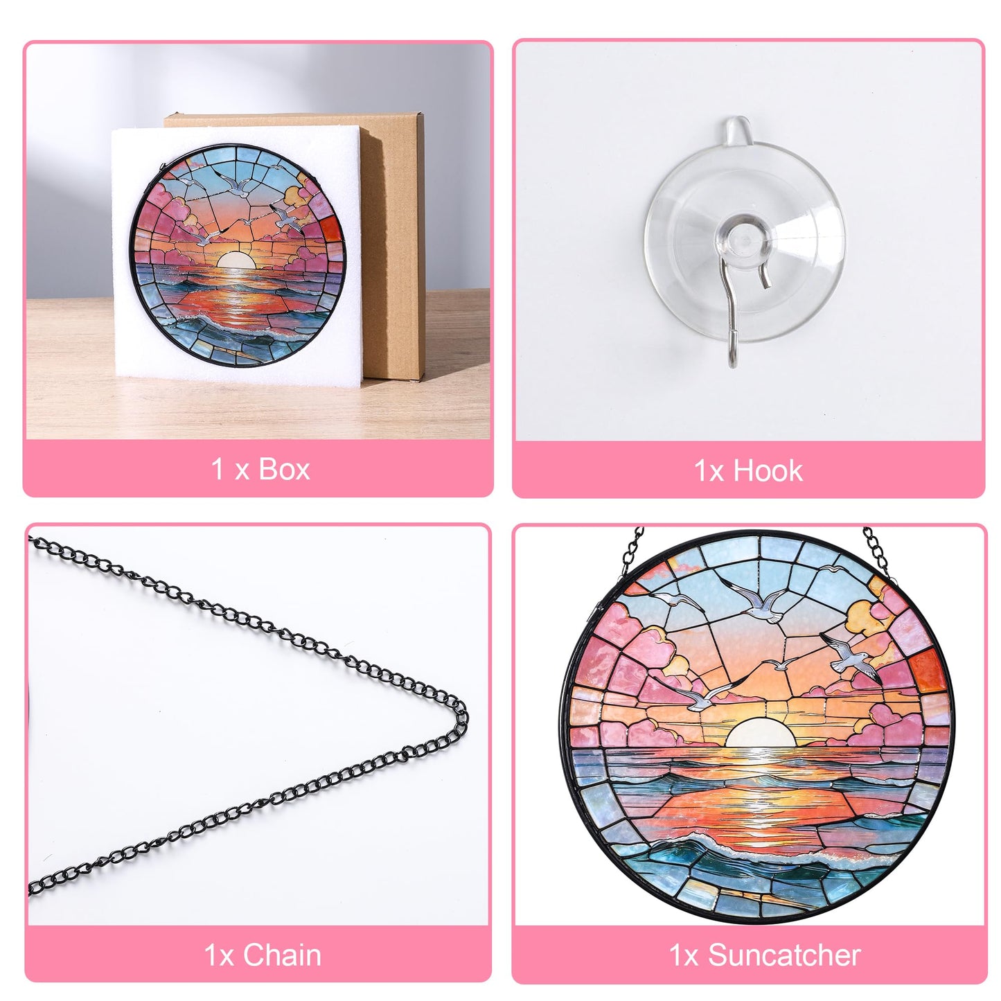 Hanging Stained Glass for Windows,20cm/7.87inch Sea Sunrise Stained Glass Suncatcher with Chain Garden Diamond Glass Panel Hangings Decoration for Home Decor Gifts for Family Friends Colleagues
