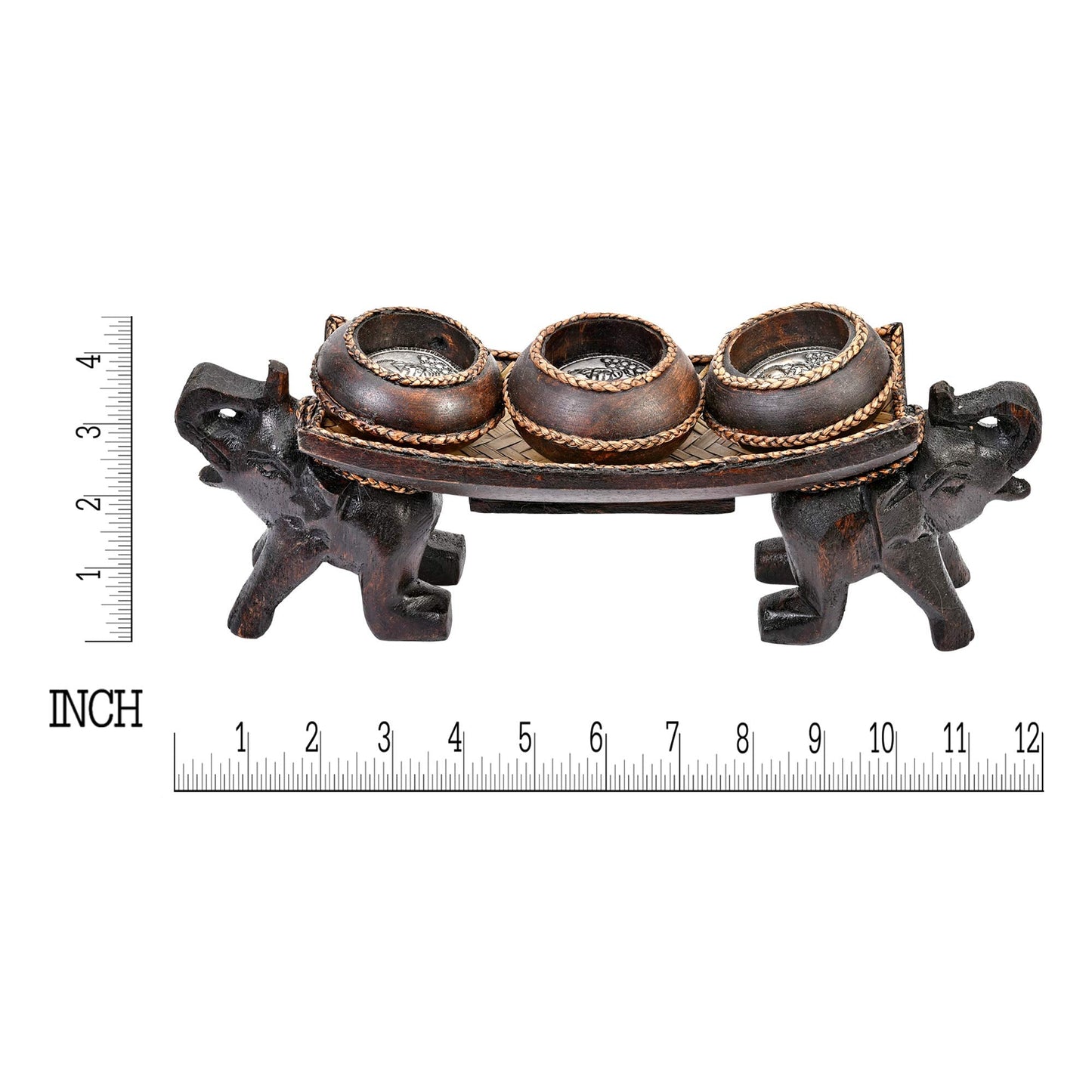AeraVida Twin Elephant Rain Tree Wood Candle Holder with Three Vases, Hand Carved Safari Animal Centerpiece Home Decor