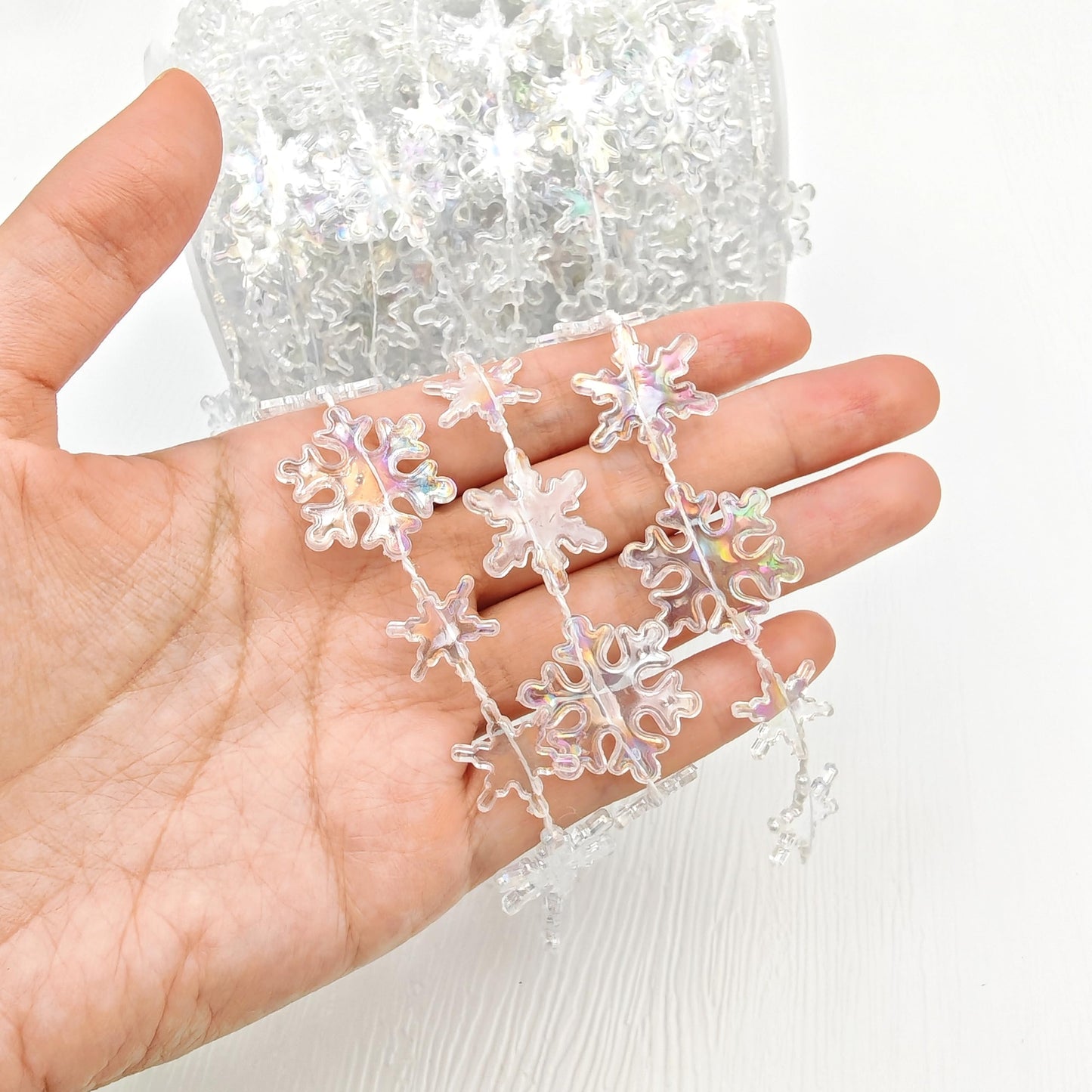 62FT Crystal Beads Strands Acrylic Iridescent Garland for Christmas Tree Decorations DIY Crafts (62FT Iridescent Snowflake)
