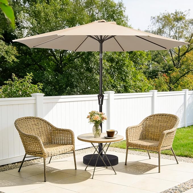 MEWAY 9ft Patio Umbrella Outdoor Table Umbrellas with Push Button Tilt and Crank, Market Umbrella 8 Sturdy Ribs for Deck, Garden, Pool and Backyard, Cream Beige
