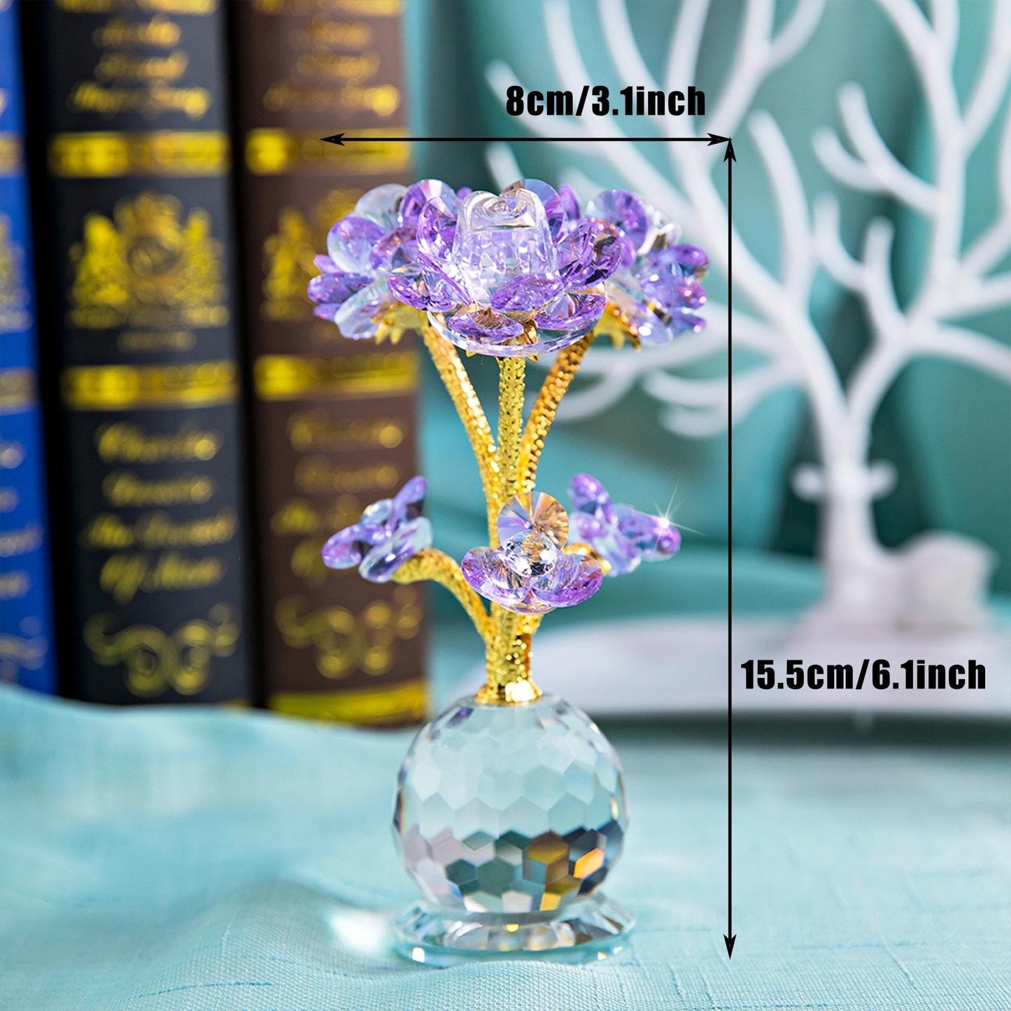 QFkris Purple Crystal Rose Flower Figurine Collectible Statue 6" Glass Flowers with Stems Ornament Home Decor for Valentines Day Thanksgiving,Christmas,Wedding,Mothers Day,Centerpiece,Gift for Women