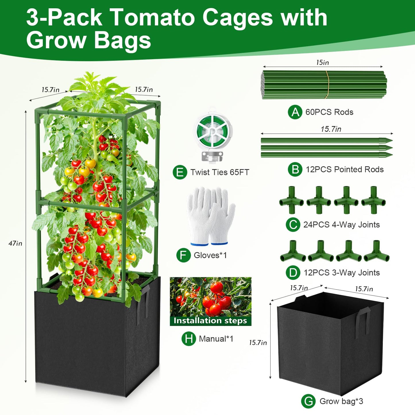 Laodier 3 Pack Tomato Cages, Square Tomato Trellis with 17 Gallon Grow Bags,47IN Tall Heavy Duty Tomato Plant Support Stakes for Garden Climbing Vegetables Flowers Fruits (Extra-Bold, 3 Pack)