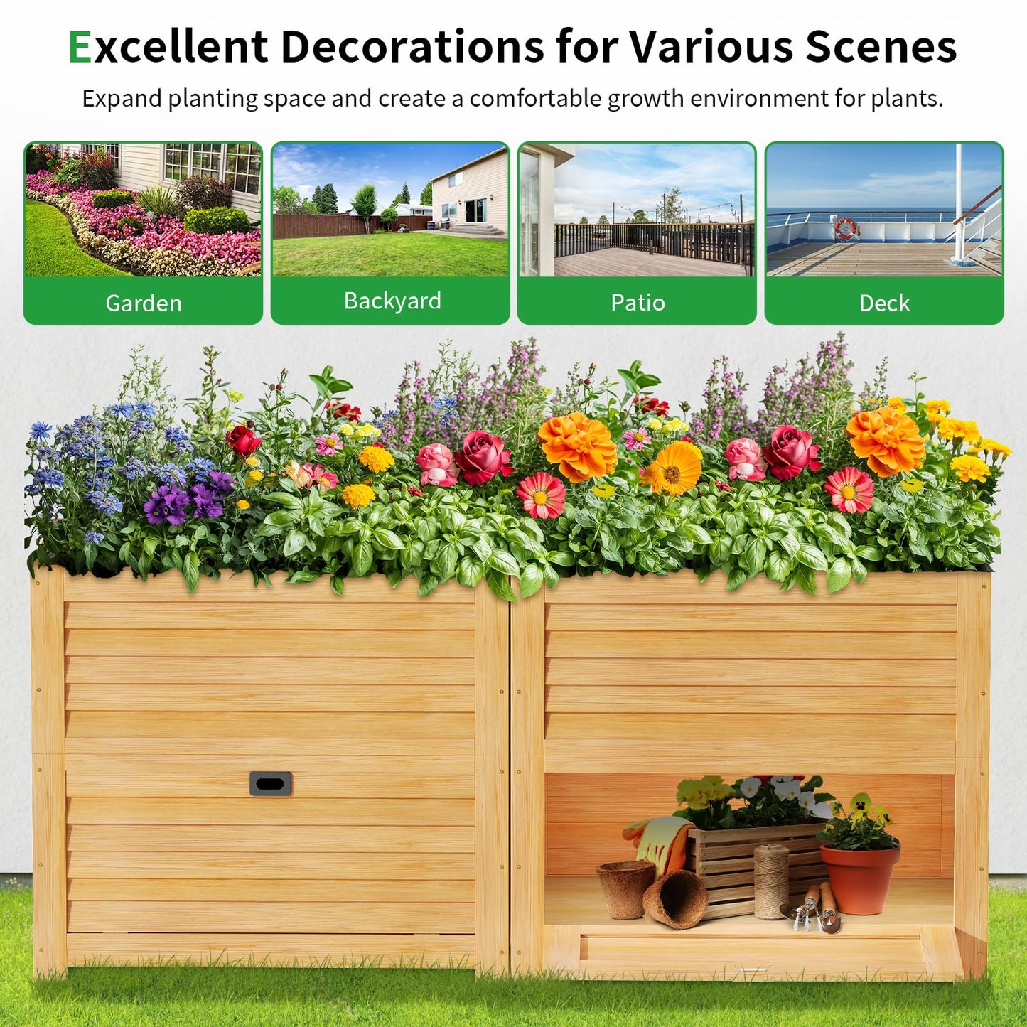 SUNYRISY Wooden Raised Garden Bed with Storage Box, 34" L x 18" W x 30" H Elevated Large Planter Box for Planting Herb Vegetable Flower Outdoor Indoor, Wood