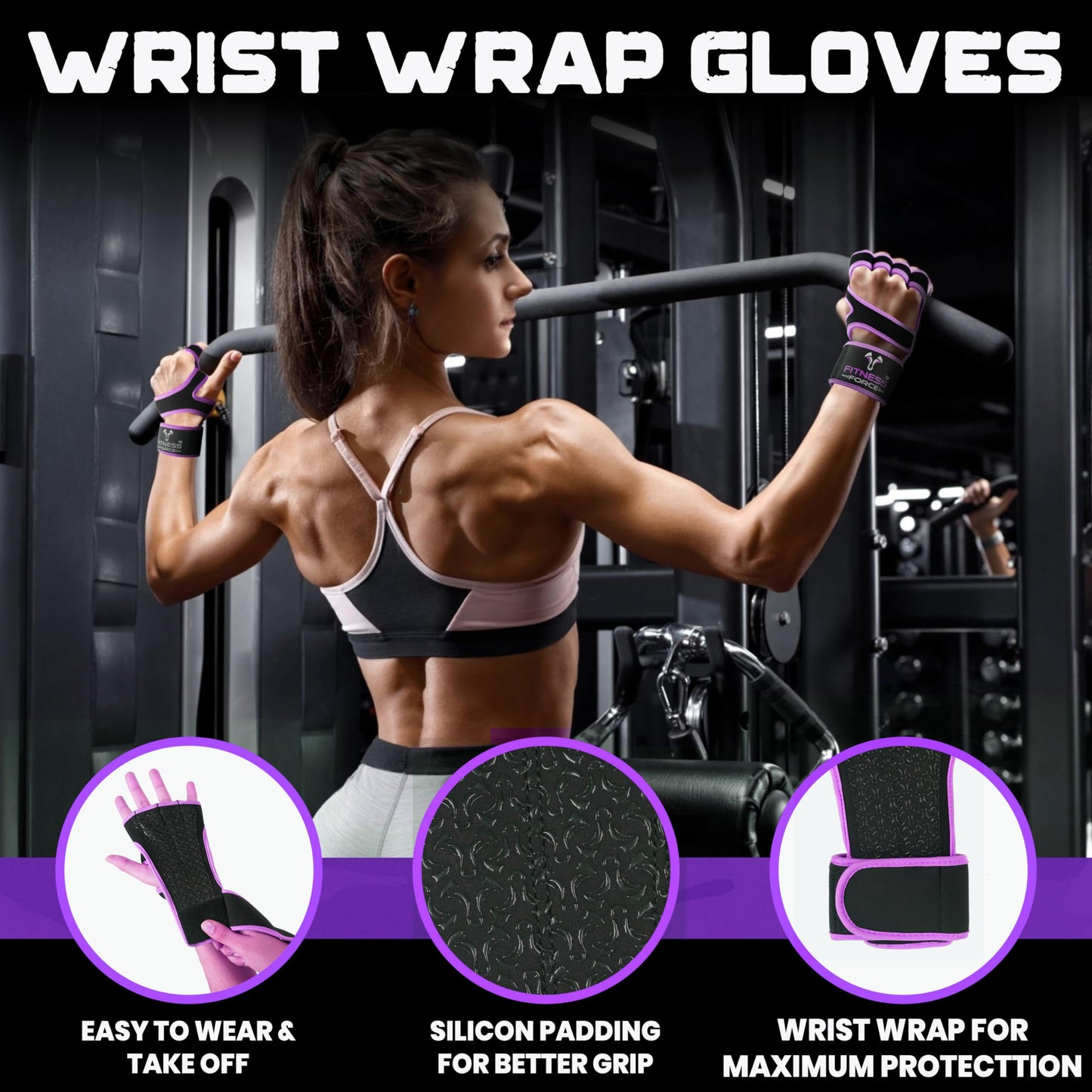 FITNESS FORCE Ventilated Weightlifting Gloves Workout Gloves for Men & Women with Built-in Wrist Wraps Fingerless Gym Gloves for Men Perfect for Exercise Fitness, Weight Lifting, Cross Training