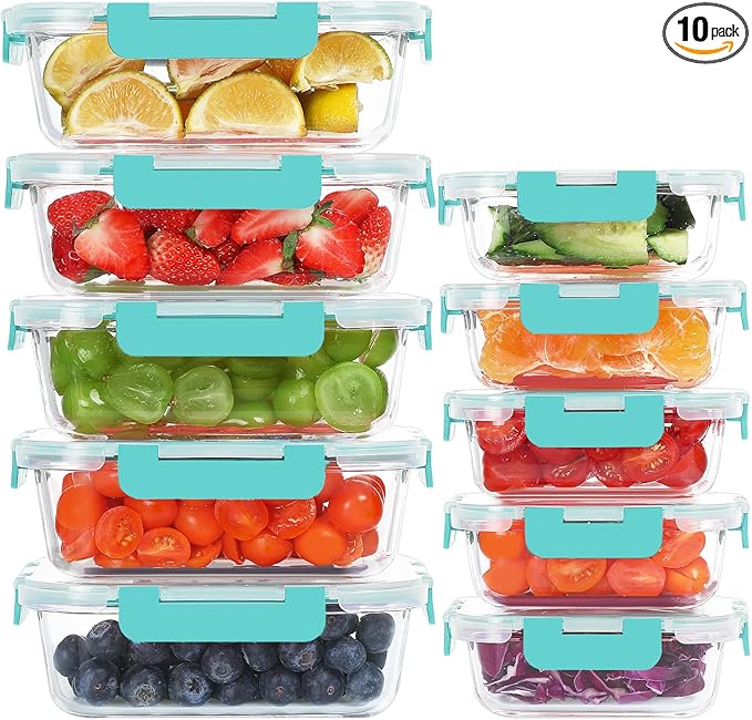KOMUEE 10 Pack Glass Food Storage Containers, Meal Prep Containers