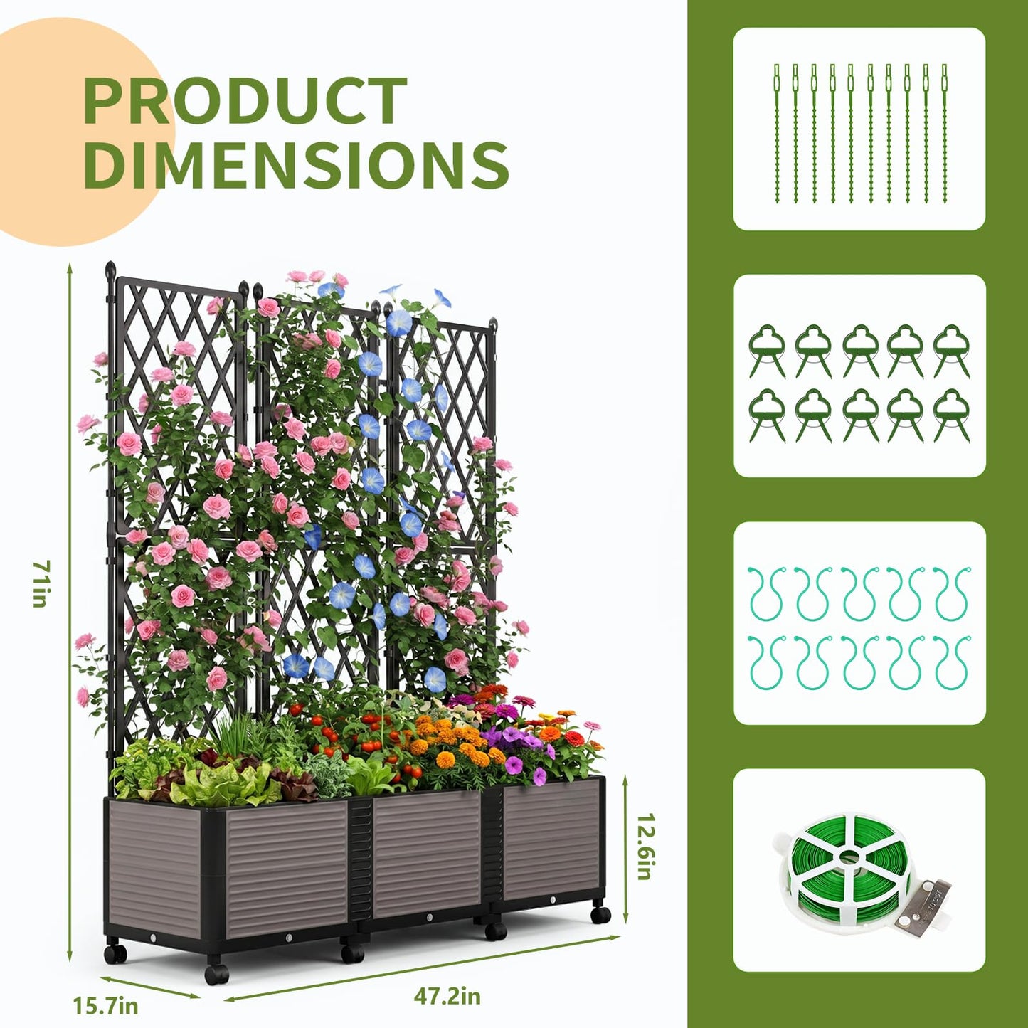 UrGROWA Raised Garden Bed Planter Box with Trellis, 63''H Tomato Planters for Climbing Plants Vegetable Vine Flowers Outdoor Patio Tomato Cage, Self Watering Planter with Wheels