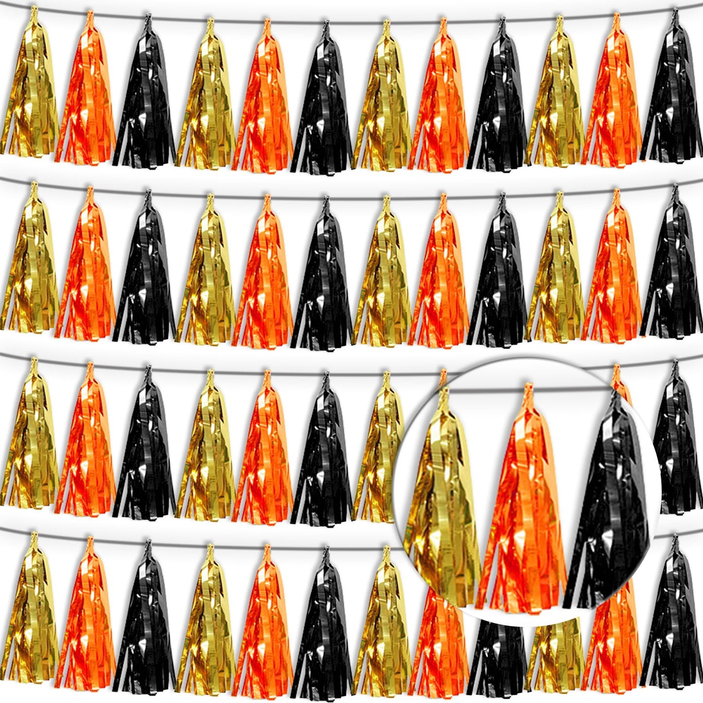 4P Orange Gold Black Tassel Banner Garland Metallic Foil Fringe Banner Tinsel Tassels Streamer Banner Backdrop for Parade Floats, Graduation Decorations, Halloween, Christmas Decorations