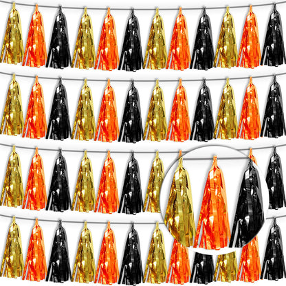 4P Orange Gold Black Tassel Banner Garland Metallic Foil Fringe Banner Tinsel Tassels Streamer Banner Backdrop for Parade Floats, Graduation Decorations, Halloween, Christmas Decorations