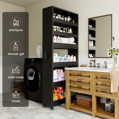 Qiaoxuan Slim Storage Cart, Lightweight 6 Tier Metal Rolling Utility Kitchen Cart on Wheels, Mobile Storage Shelving Unit Organizer for Bathroom Laundry Office Narrow Places (Black, 10" D)