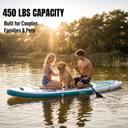 Inflatable Stand Up Paddle Board 11'×34" Extra Wide SUP, Ultra-Stable for Adults & Dog, 450lbs, Dual Chamber Pump, Fiberglass Paddle, Military Grade Dual Layer, Wild Bear Claw Polar Design Green