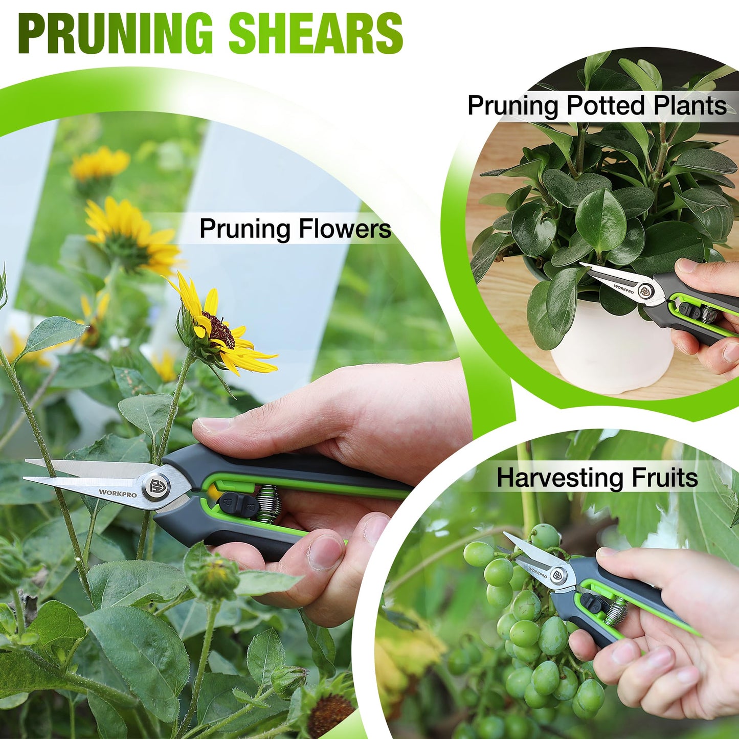 WORKPRO 2-Piece Secateurs & Pruning Scissors | Heavy Duty 210mm Bypass Secateurs with SK5 Blades and 160mm Shears | Labor-Saving Scissors with Safty Lock | Essential Garden Tools for Pruning Flowers