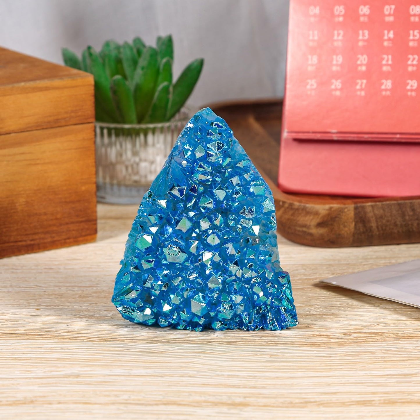 TUMBEELLUWA Natural Crystal Cluster Geode Stone Specimen for Home Decor, Titanium Coated Blue AB Crystal Cluster for Reiki Healing