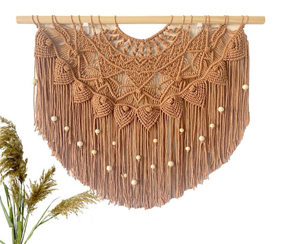 Youngeast Large Macrame Wall Hanging Boho Beaded Curtain for Window Macrame Bedroom Headboard Living Room Wall Art Tassel Tapestry Bohemian Woven Wall Decor 31" W X 25" H (Khaki)