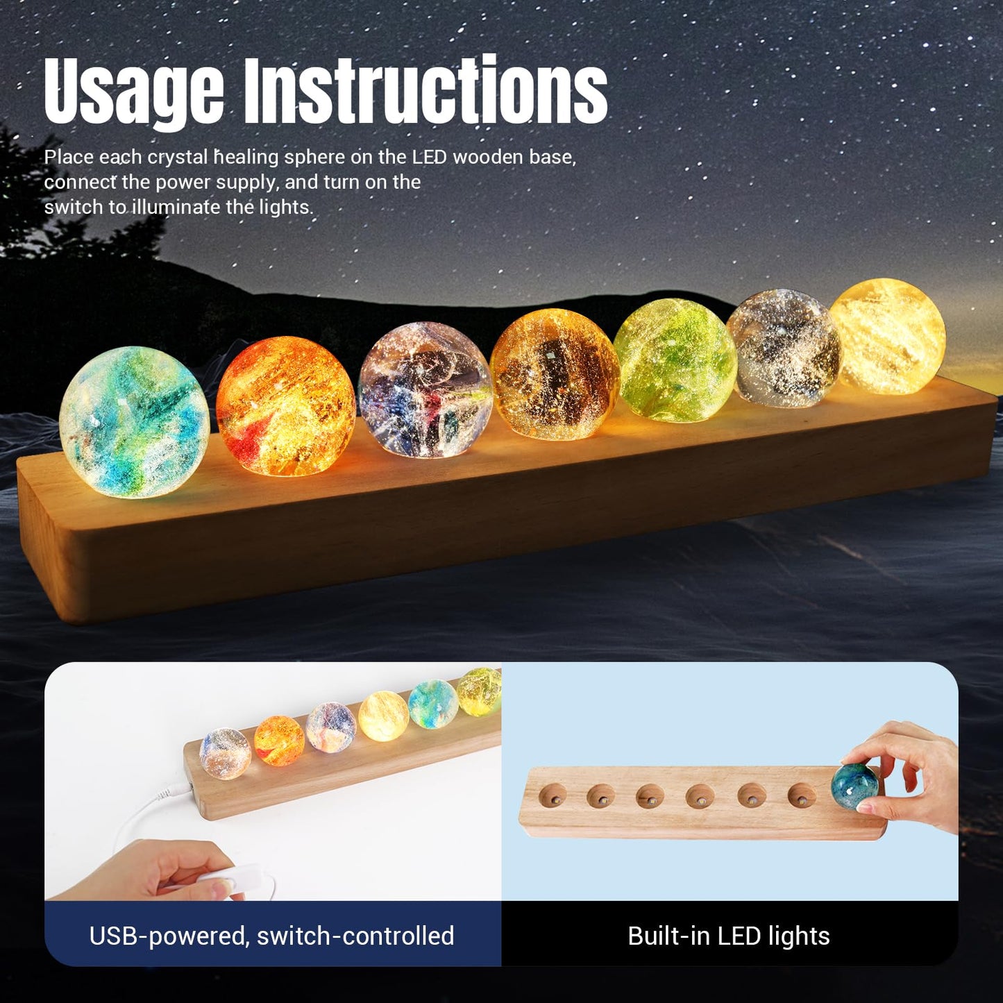 LOSCHEN 7 Chakra Natural Healing Spheres with LED Wooden Stand 40mm Crystal Quartz Stones for Meditation Energy Balancing Decor, Yoga Zen Home Office Desk Ornament