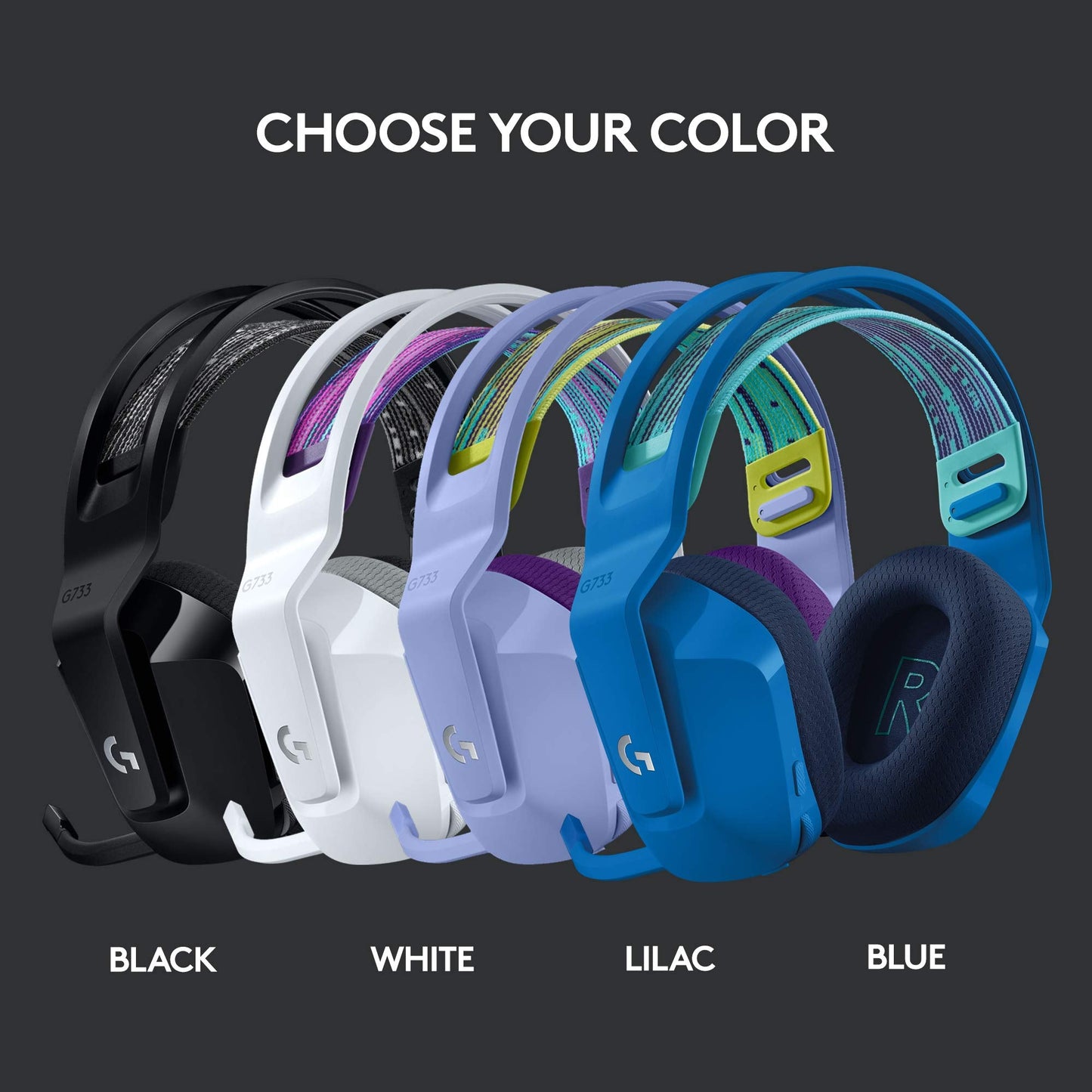 Logitech G733 Lightspeed Wireless Gaming Headset, Suspension Headband, Lightsync RGB, Blue VO!CE Mic, PRO-G Audio – Black, Gaming Headset Wireless, PC, PS5, PS4, Switch Compatible