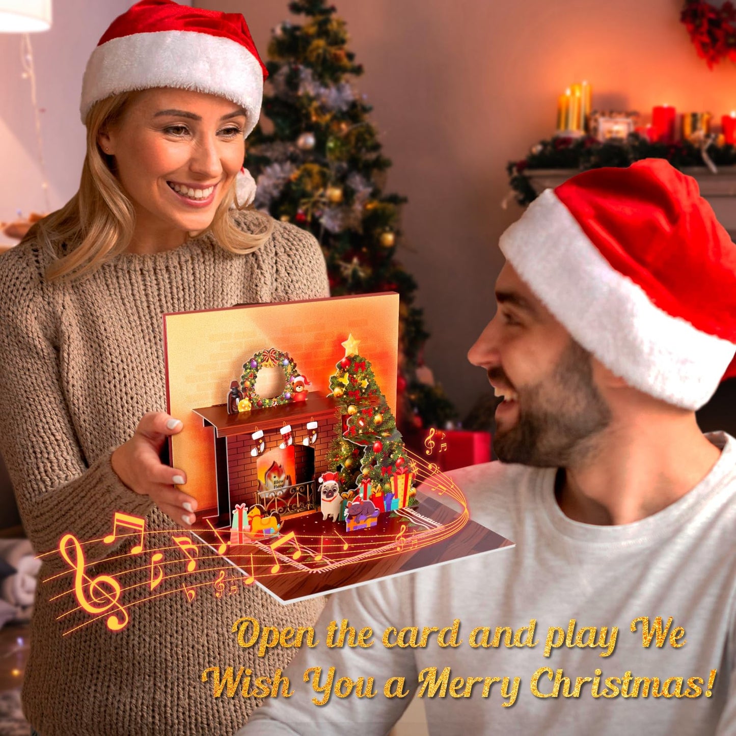 FITMITE Christmas Card Pop Up with Light and Music 3D Santa Fireplace Merry Christmas Greeting Card with Envelope for Kids Girls Women Man Christmas Gift