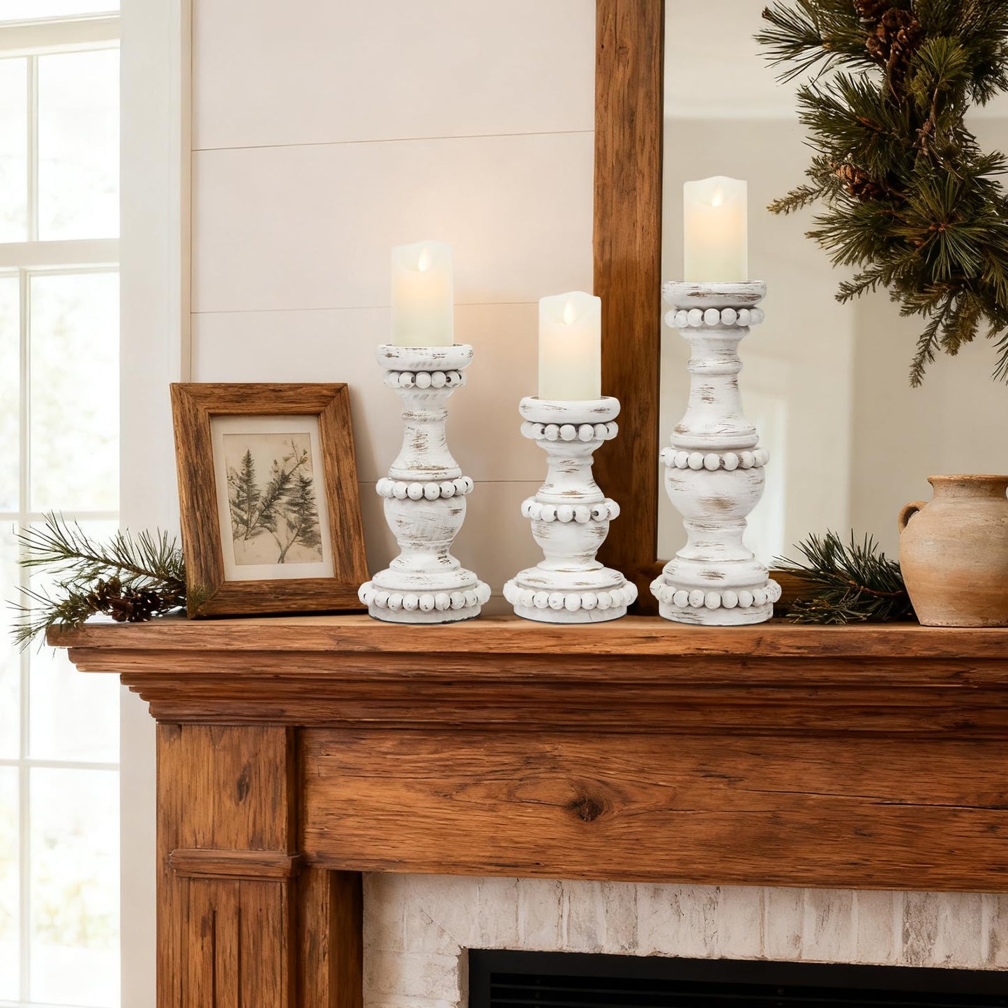 JUMBO DECOR Farmhouse Large Candle Holders for Pillar Candles, Rustic Wooden Beaded Candle Holder, Perfect for Table Centerpieces, Coffee Table or Fireplace Mantel, 3 Piece Set (White)