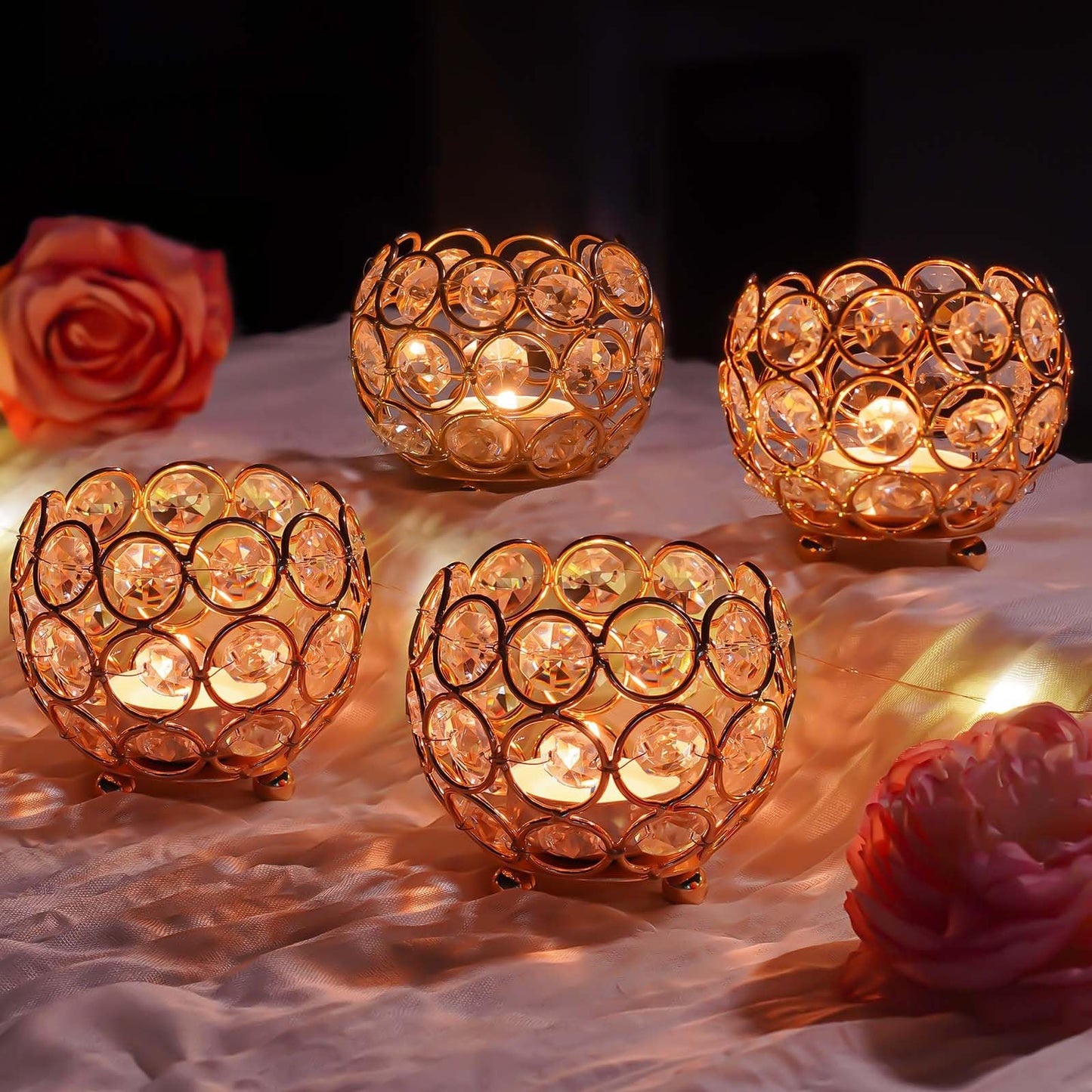 kolnlala 4 Pcs Crystal Tealight Candle Holders for Table Centerpiece,Elegant Wedding Table Centerpiece for Home Decor, Birthday Party, Romantic Events | Giftable Decorative Accent (4, Gold)