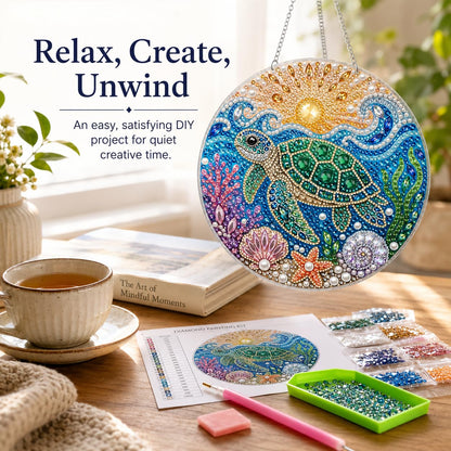 DIY Diamond Art Painting Wreath Kits，Special Shaped Rhinestone Hanging Ornament Diamond Art Window Pendants for Gift Home Garden Wall Hanging Kits,Double Sided (sea Turtle)