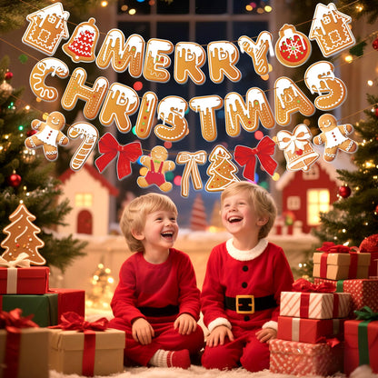 Merry Christmas Banner Gingerbread Christmas Hanging Decoration 3PCS Gingerbread Theme Garland Banner for Holiday Home Office Fireplace Wall Decor Outdoor Indoor Xmas Party Banner