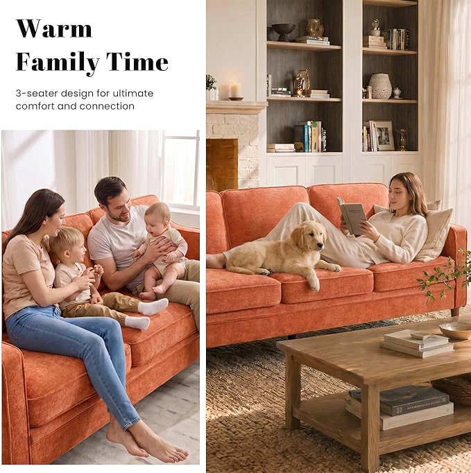 Kingfun 80" Chenille Sofa, 3 Seater Couch, Mid Century Modern Couches