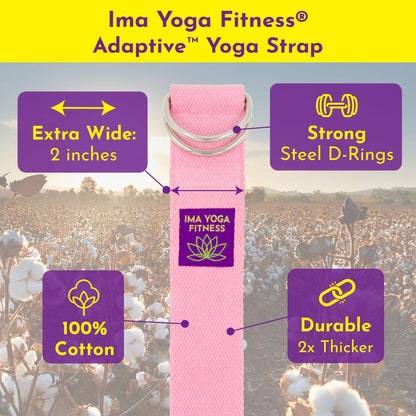 Ima Yoga Fitness - Adaptive Yoga Strap, Yoga Stretching Strap, Extra-Wide 2 Inches, 100% Naturally Soft Cotton, Steel D-Rings, Includes 100% Natural Cotton Storage Pouch (Pink, 8 feet)